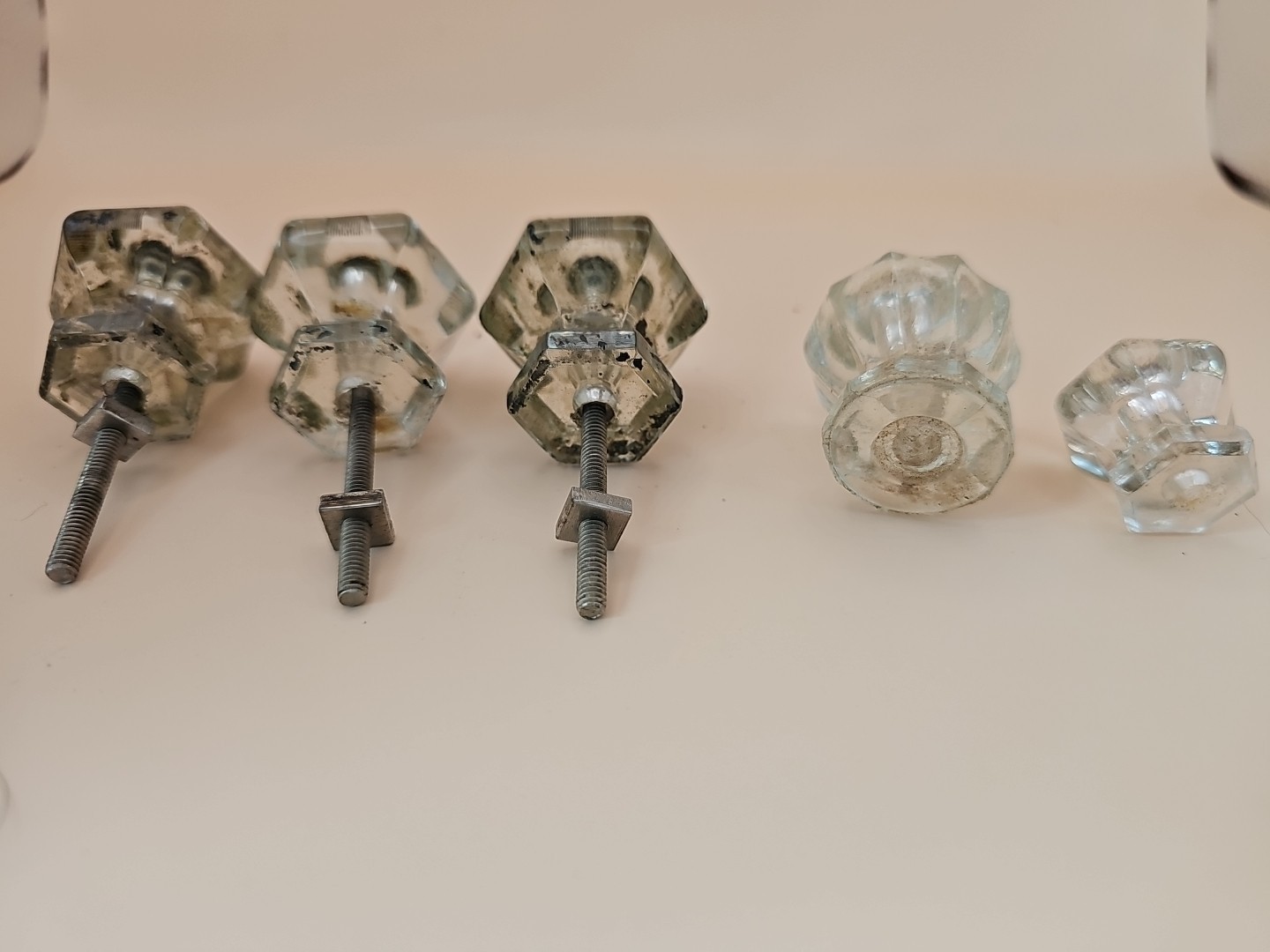 Vintage Six Side Hexagon Clear Glass Drawe Knob Cabinet Furniture Knobs Lot of 5