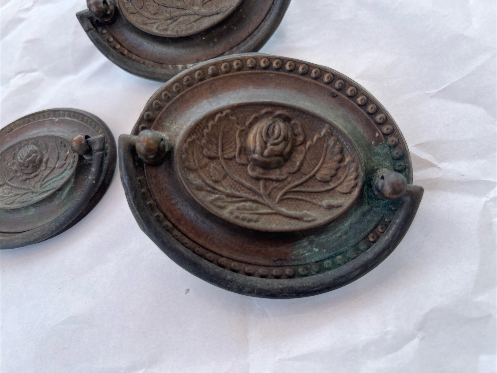 3 Antique Vintage Metal Drawer Drop Bail Oval Rose Leaf Center