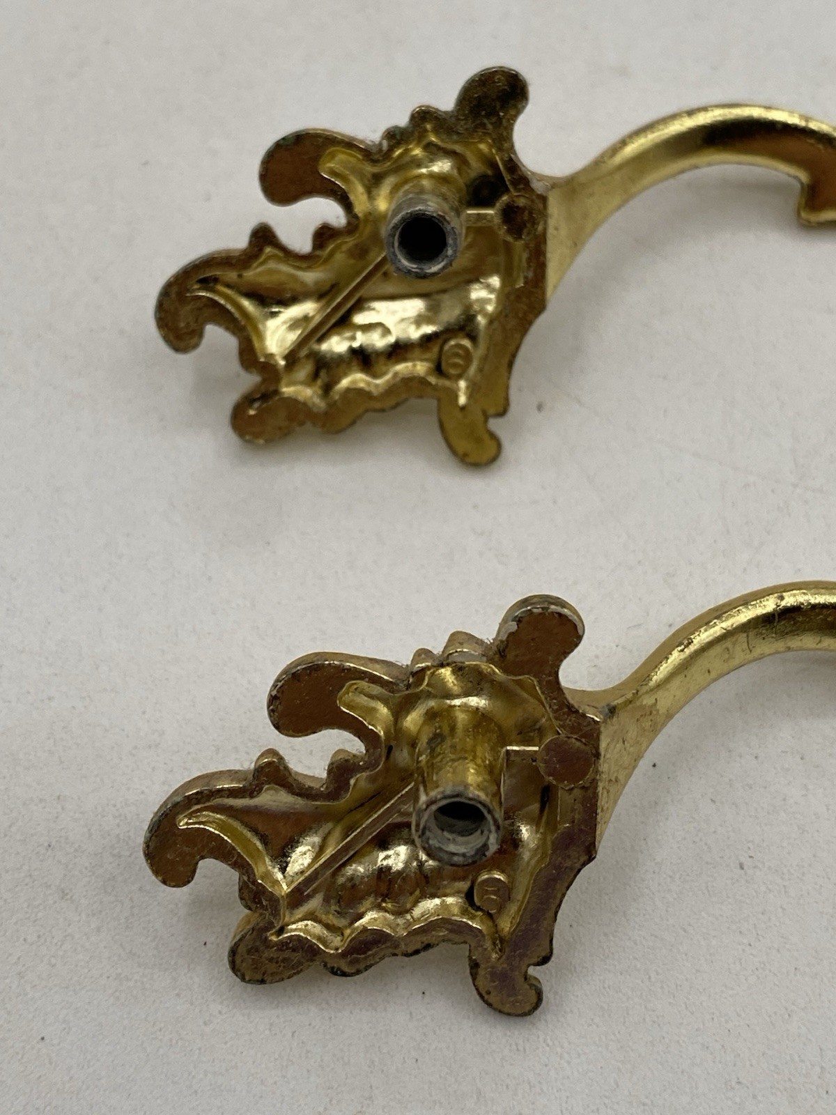 PAIR Vintage MCM Ajax Drawer Pulls Handles Scroll White Gold Ornate Hardware 990