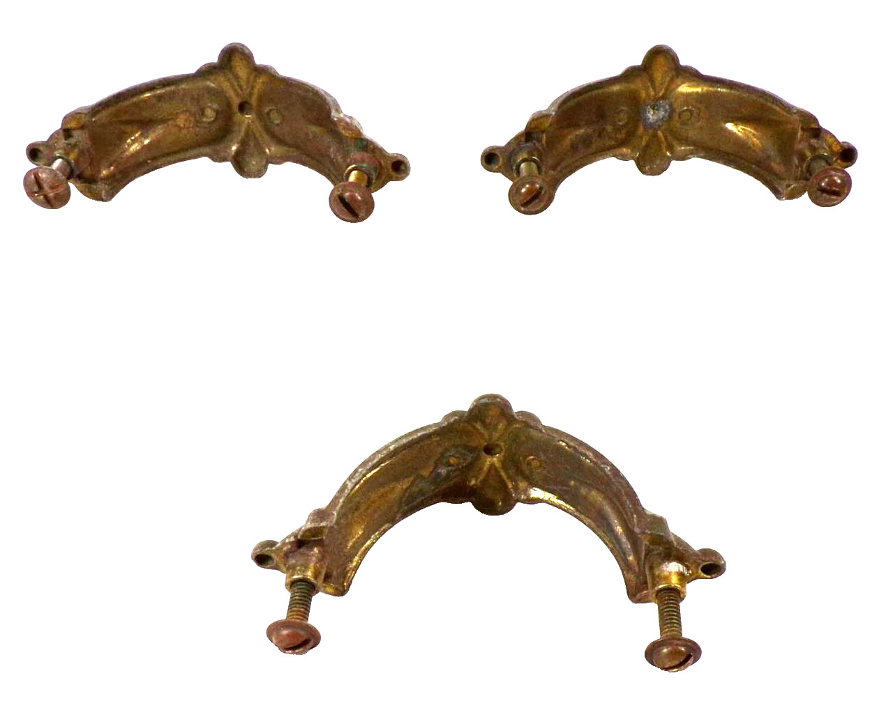 3 Art Deco Drawer Pulls Pot Metal Gold Paint Fleur de Lis Dresser Vanity VTG #5