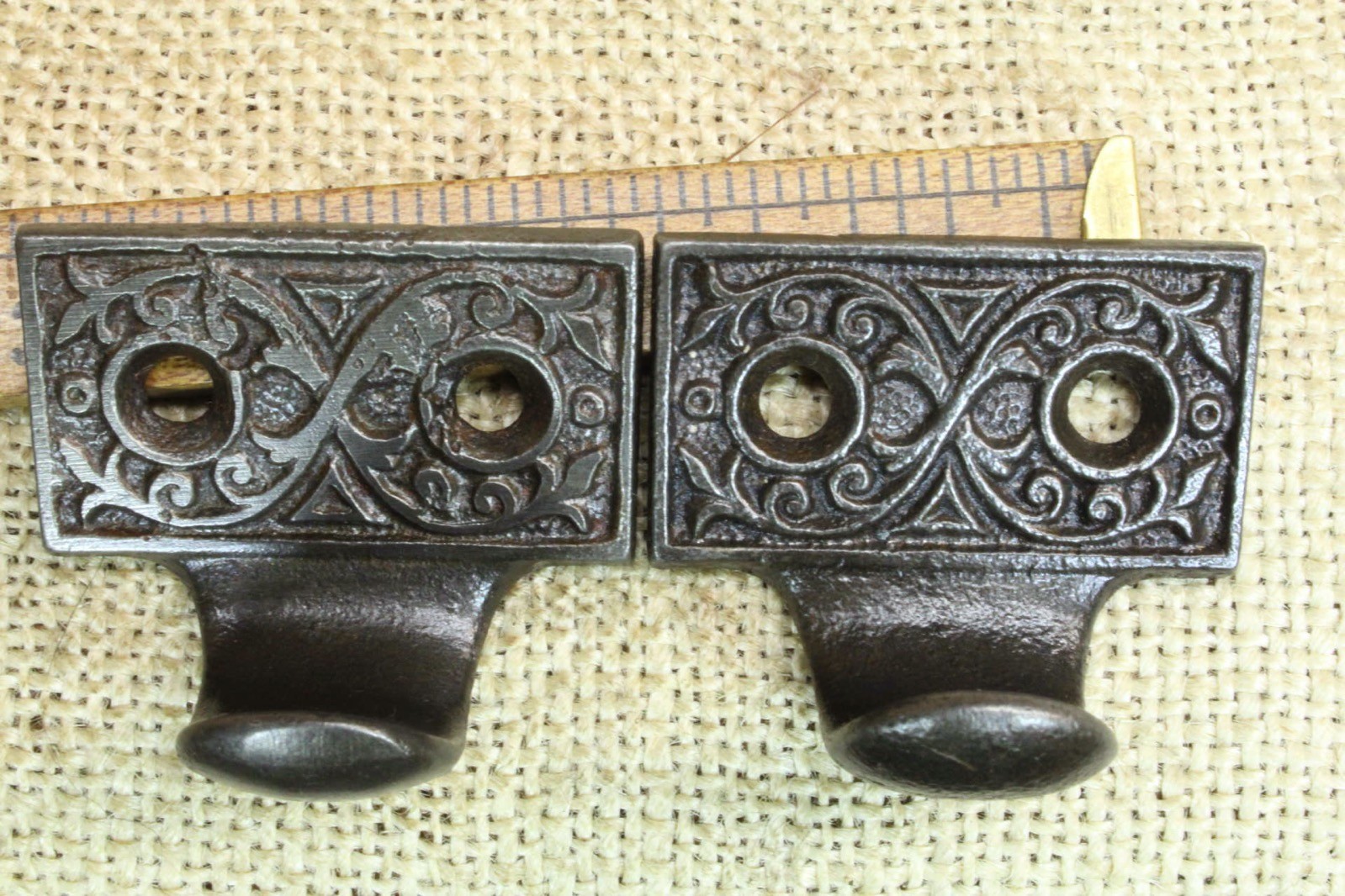 2 Old Window Sash Lifts Pulls Restored Cast Iron Victorian Ferns Triangle Scroll
