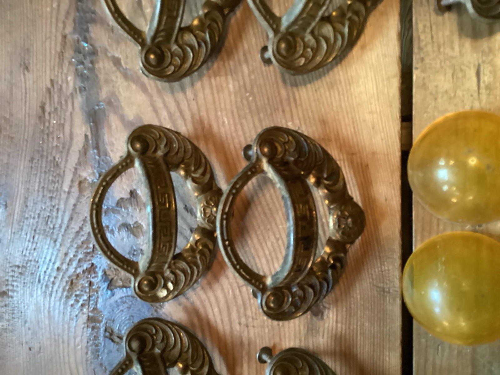 Art Nouveau Style Finger Cup Pulls Gold Bakelite?- Set of 8 – 3″ centers