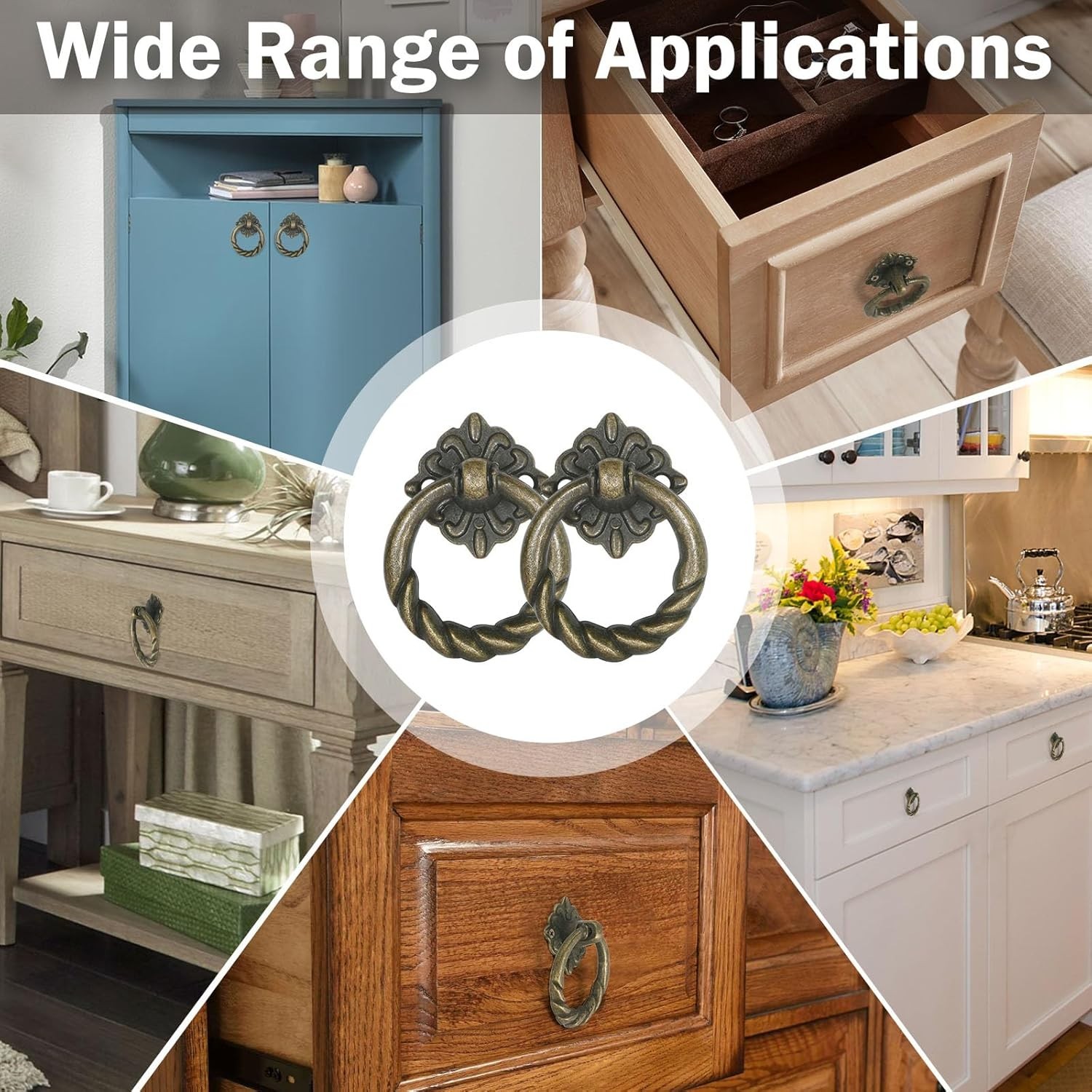 6Pcs Antique Brass Drop Ring Drawer Pulls, Vintage Cabinet Ring Handles, Metal D