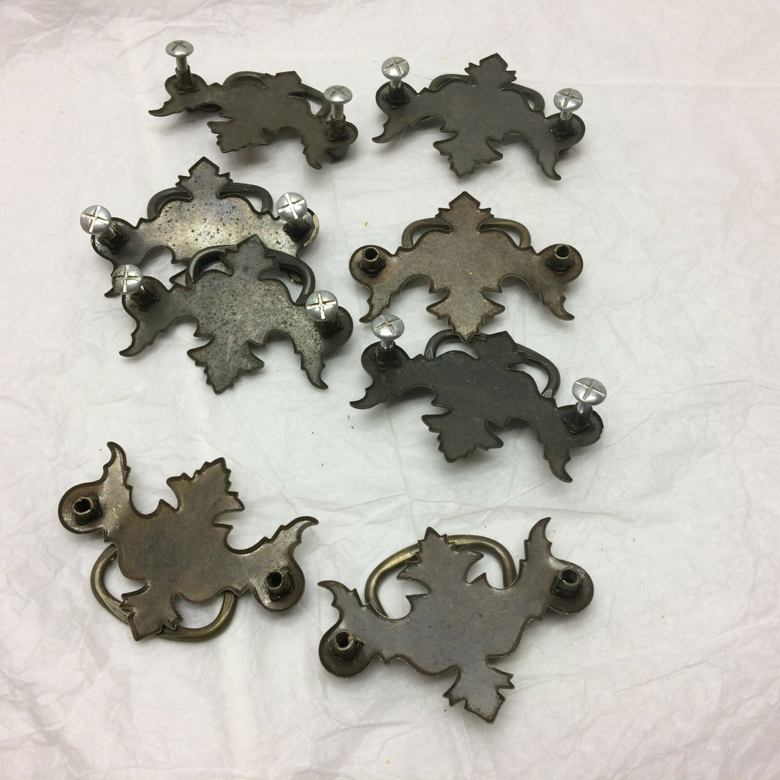 8 Vtg Drawer Pulls Pressed Tin Metal Ornate Design DIY Project Hardware floral