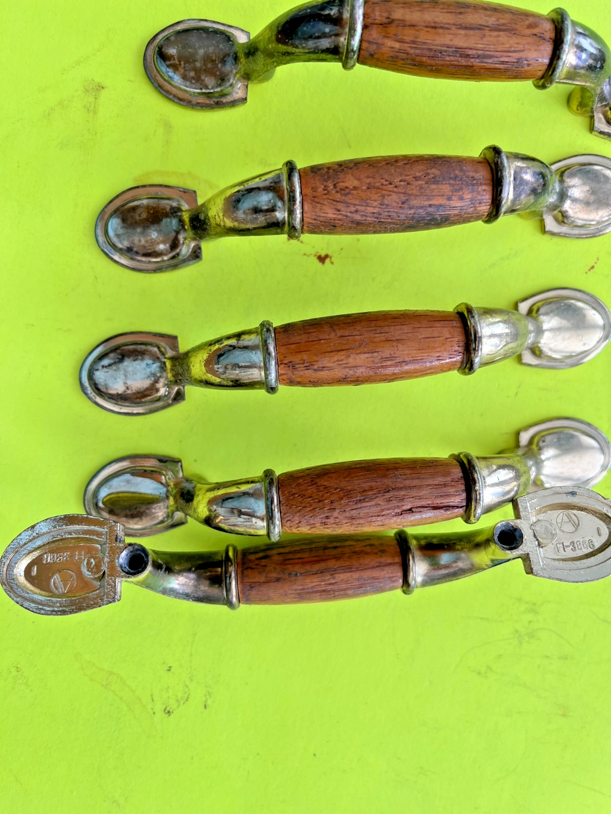 5 Vintage Wood and white metal Cabinet Pulls 3″ c x c Drawer Handles