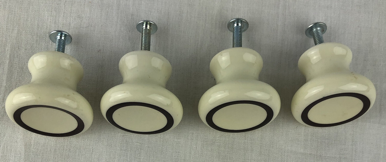 Porcelain Knobs With Screws Set of 4 Brown Stripe Off White Belwith Vintage