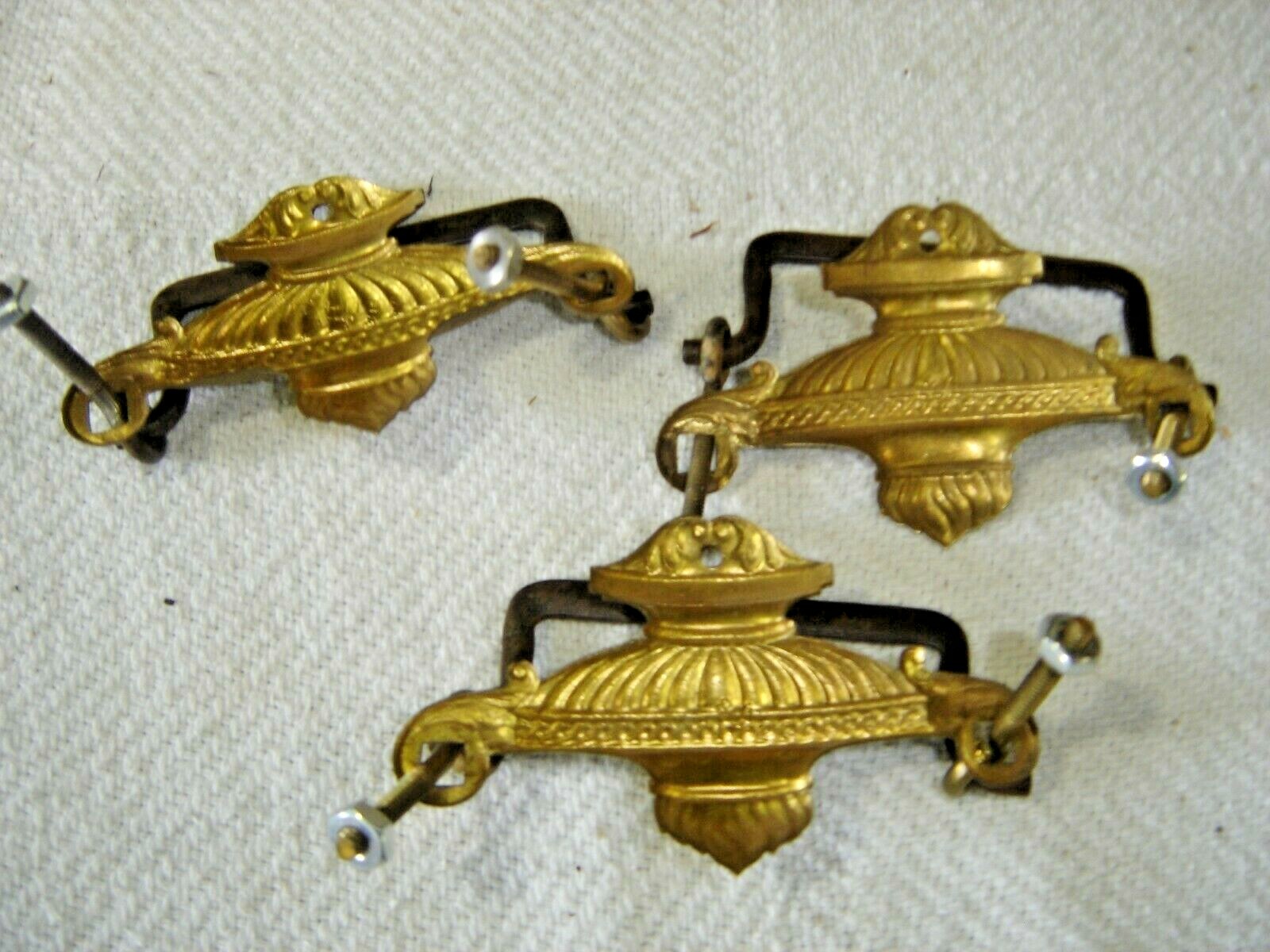 Antique ~ Salvage ~ 3 Stamped Brass Pulls w/ Urn Design ~ Cast Iron Bales #1308