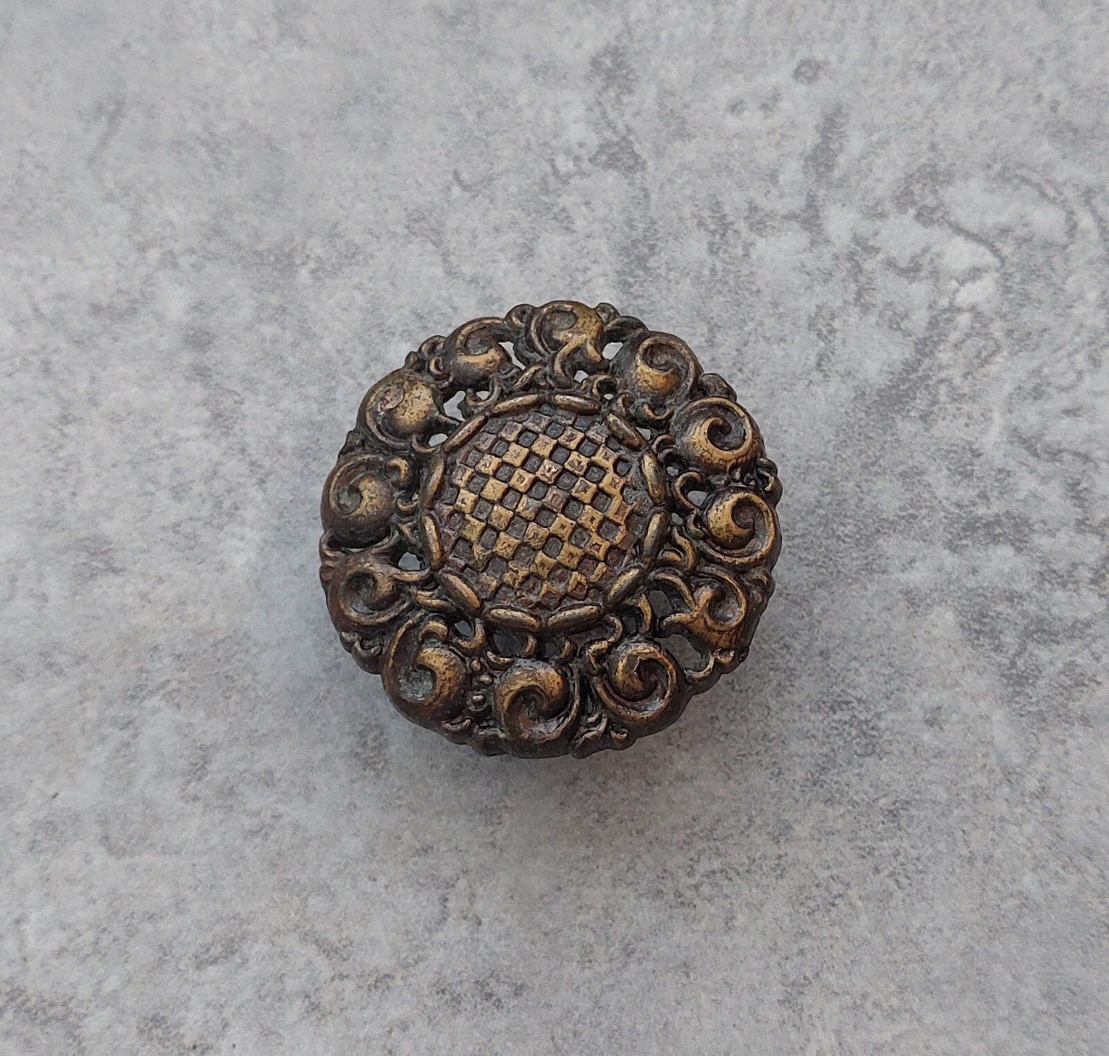 Vintage English Drawer Pull Knob Brass 1 7/8″ Across Gold Floral Scrolls