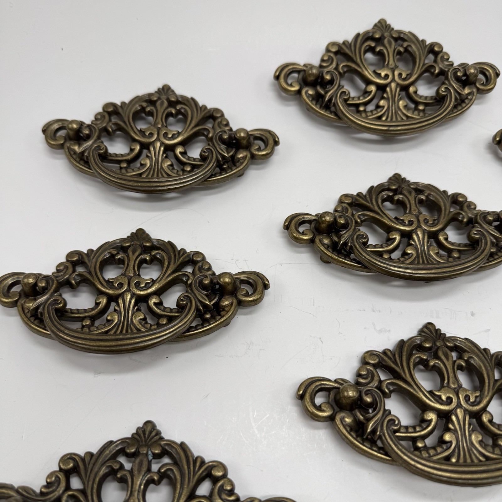 Vintage 1988 80s Antique Brass Bail Drop Drawer Pull Hardware Ornate Replacement