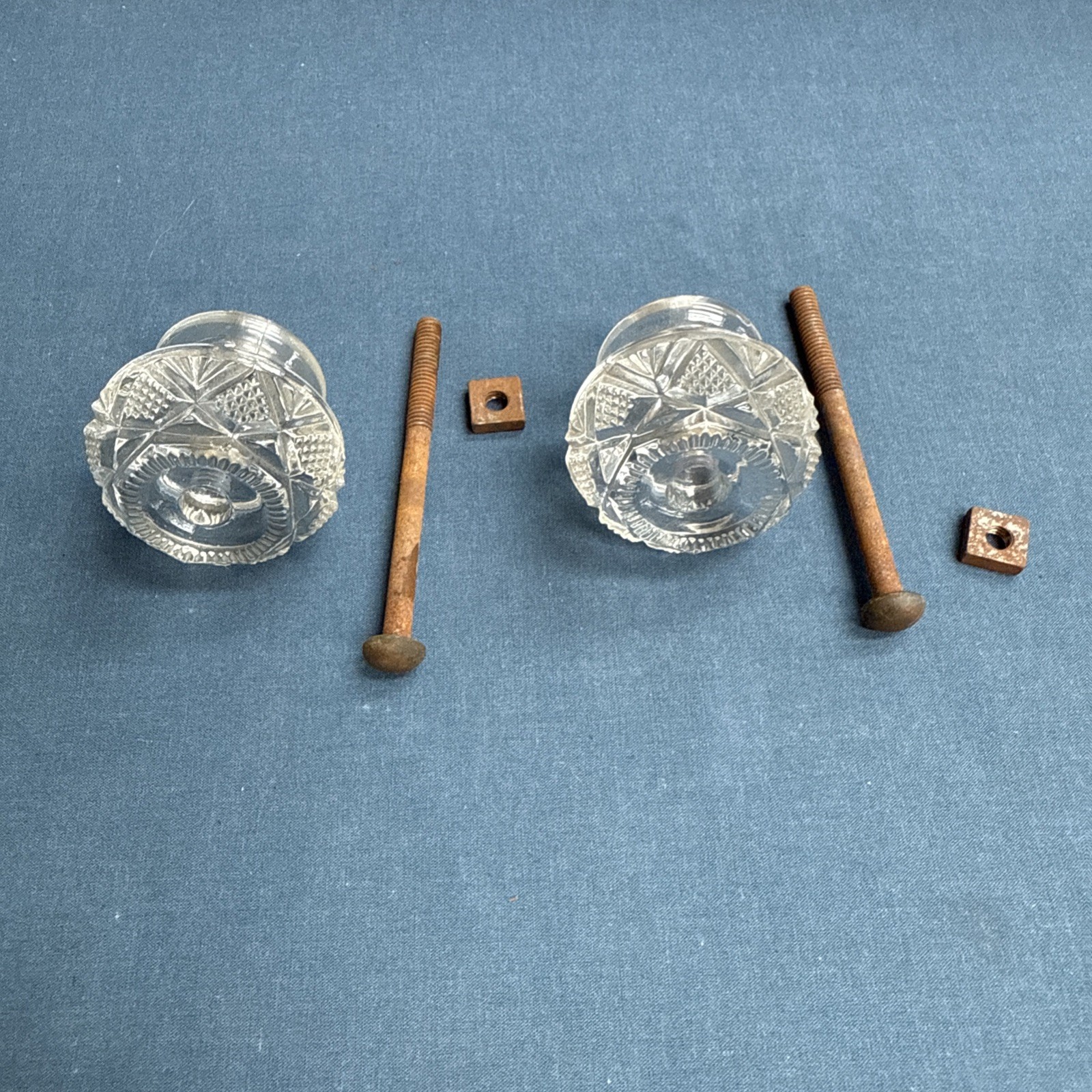 2 Antique Pressed Clear Glass Sandwich Drawer Pulls 1 3/4″ Original Posts