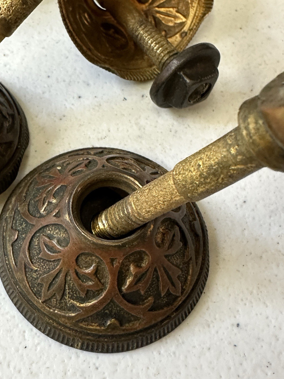 Antique Victorian Eastlake Teardrop Pulls – Set of 6 Black Wood & Ornate Brass