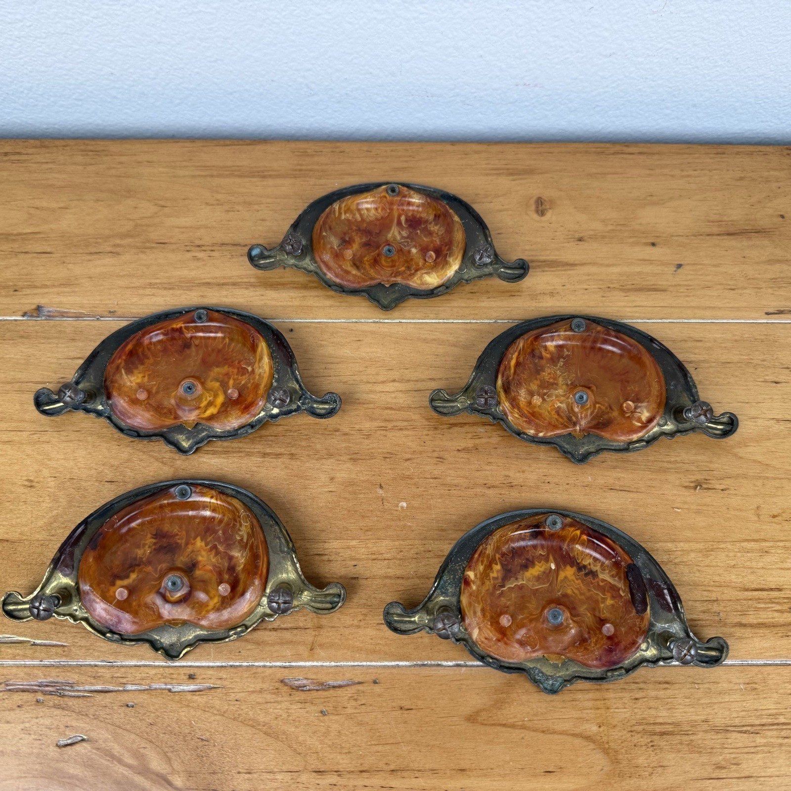5 Vintage 1930’s-1940’s Keeler Art Deco Celluloid & Brass Original Drawer Pulls