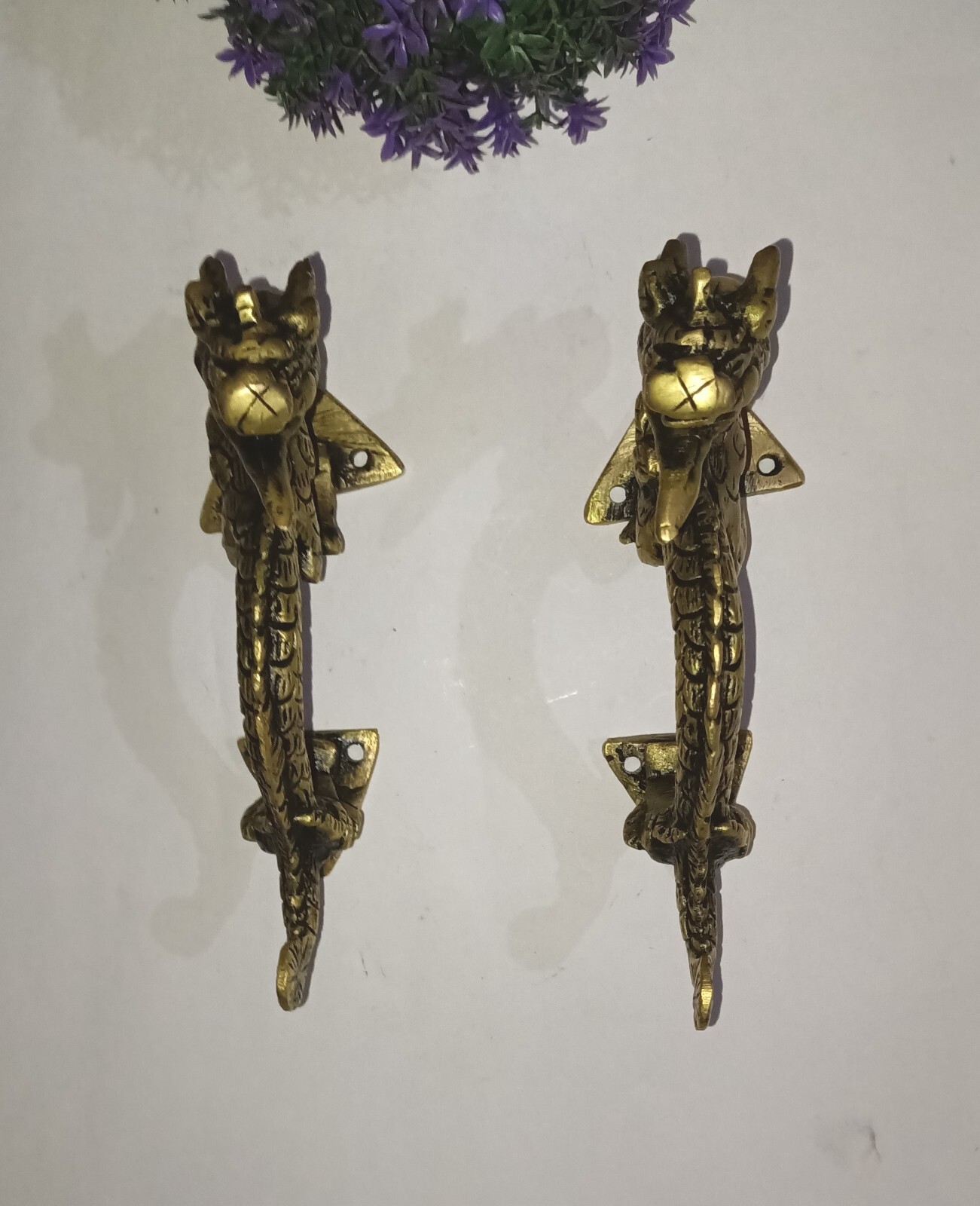 Fire Dragon Design Door Handle Pair Brass Feng Shui Theme Drawer Pull Set GTX