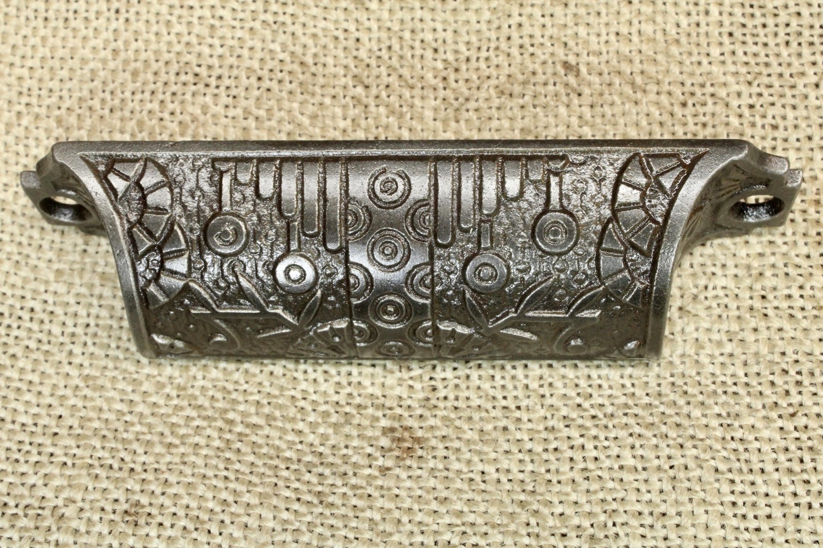 Old Drawer Bin Pull Handle 4 1/4” Rectangular Windsor 1880’s Cast Iron Floral