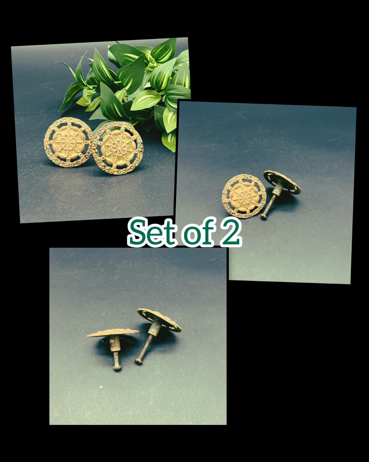 Vintage Decorative Floral Motif Brass Cabinet Knobs 2″ Diameter Set of Two
