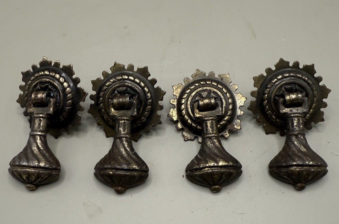 4 Antique Cast Brass Teardrop Drawer Pulls 2 3/4″ long 1 3/4 back plate