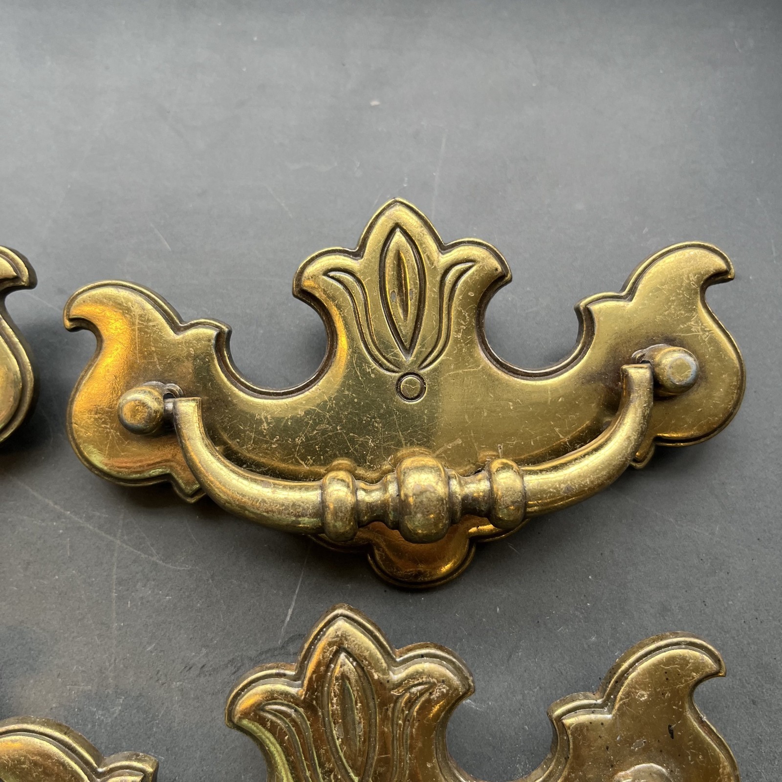 Set of 4 Vintage Brass Chippendale Batwing Drawer Pulls Bail Handles with Screws