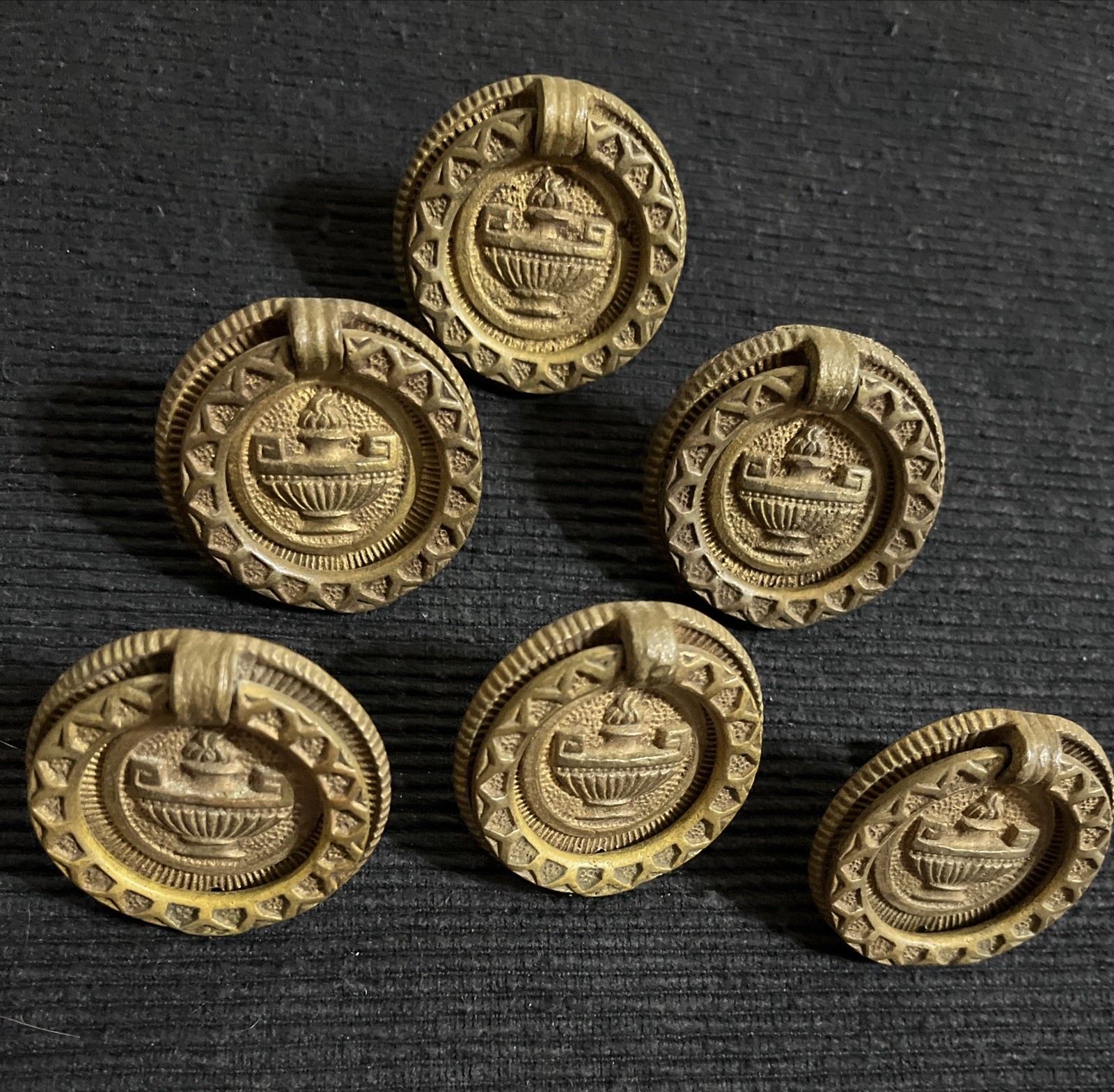 ⭐️ Antique Drawer Pulls Hardware Ornate Round Deco Ring Pulls Lot/Set Of 6 ⭐️