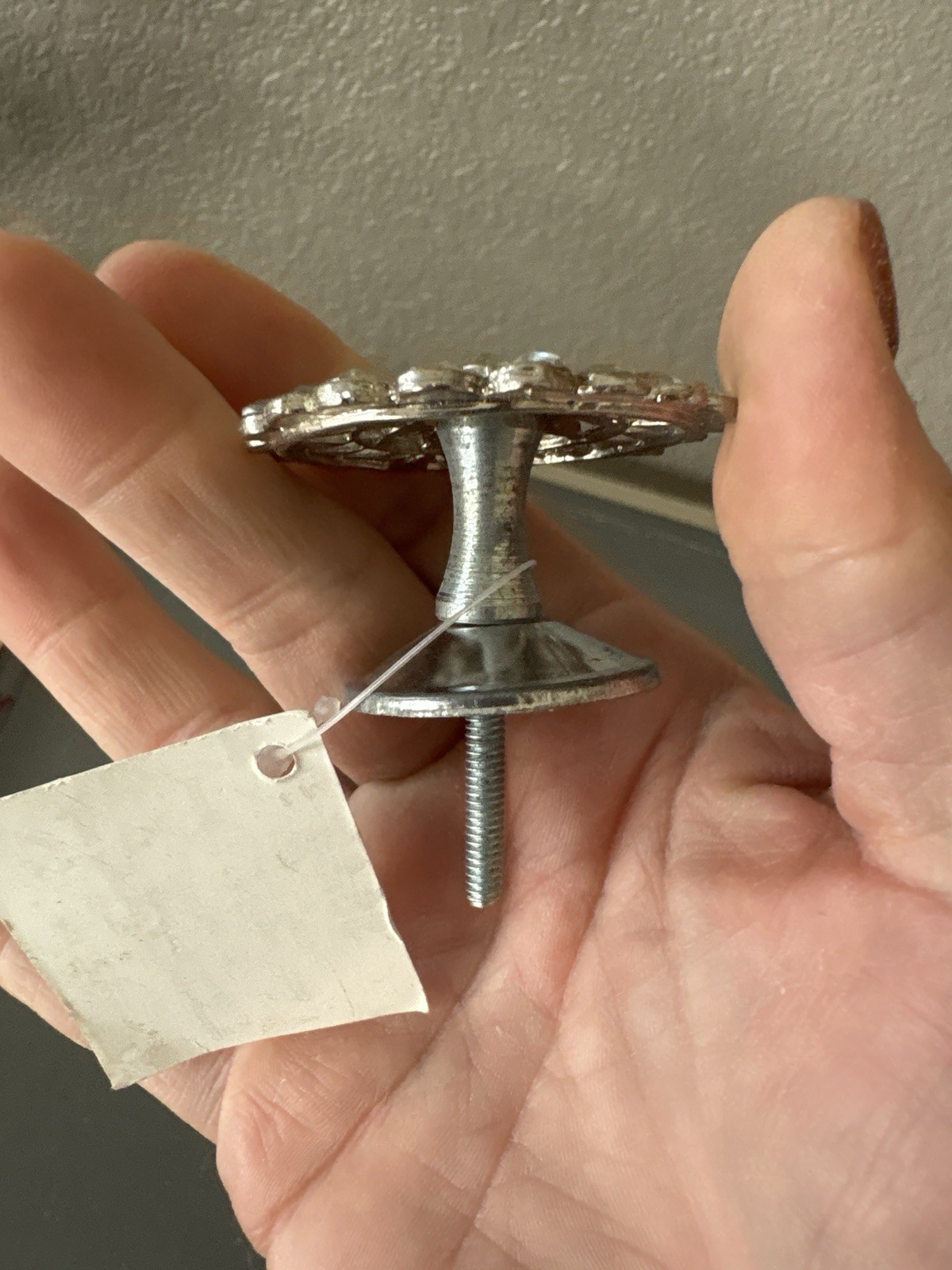 Vintage Silver Tone Floral Cabinet Knob Clear Faceted Flower Rhinestone Pull NOS