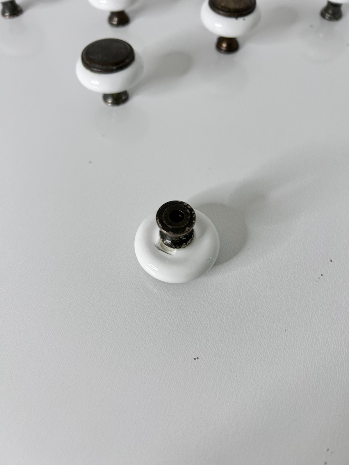 9 Vintage Mushroom White Porcelain Brass Drawer Cabinet Pulls Knobs