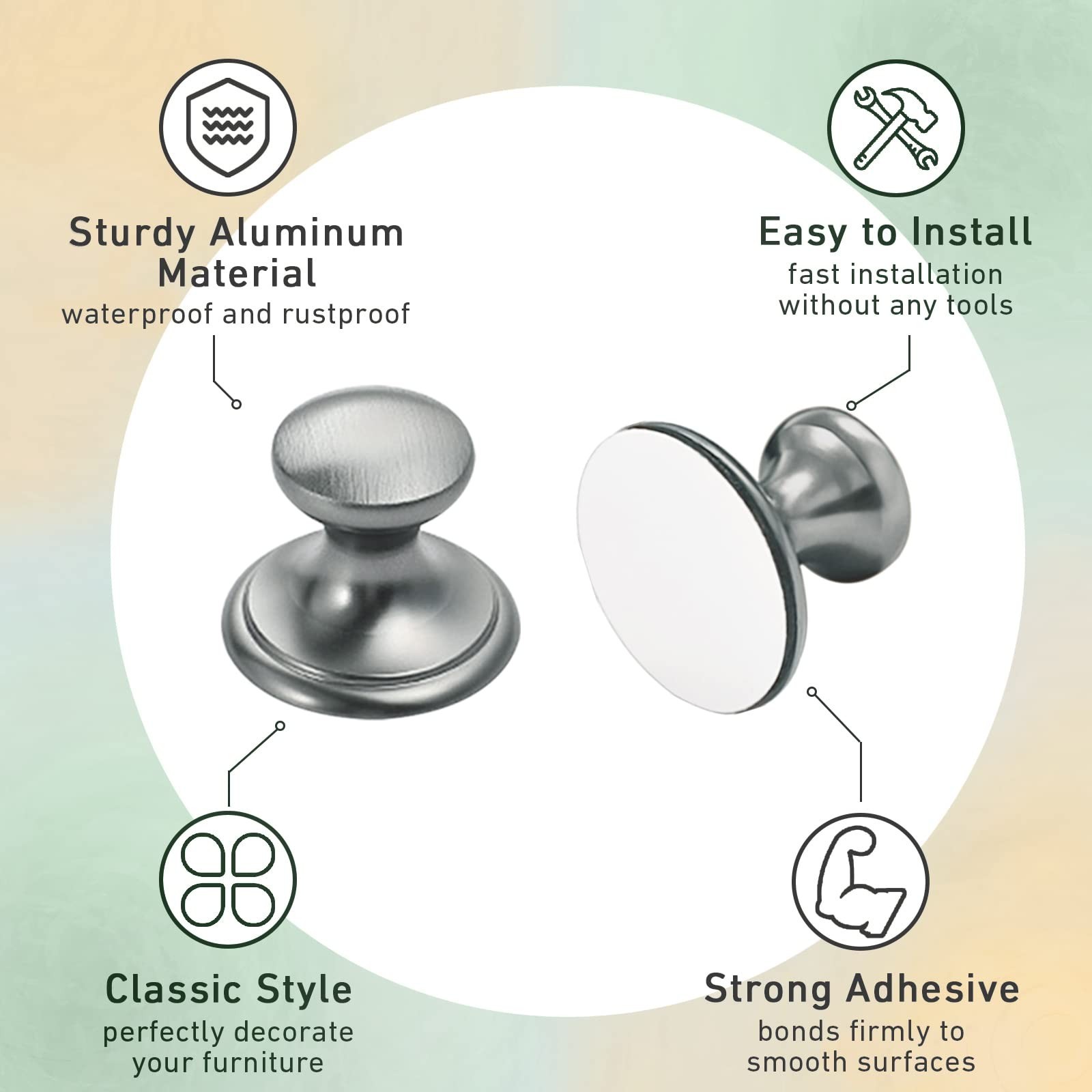 6 Pack Self-Stick Knobs Brushed Nickel Self-Adhesive Drawer Knobs Aluminum No…