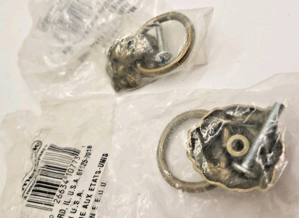 2 Amerock USA T-Knocker Style Small Lion Head Brass Drop Ring Pull Handle knobs