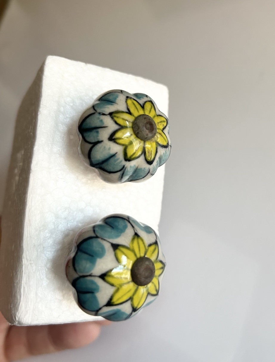 Vintage Floral Ceramic Brass Pull Knobs Cabinet Dresser Knobs Drawer