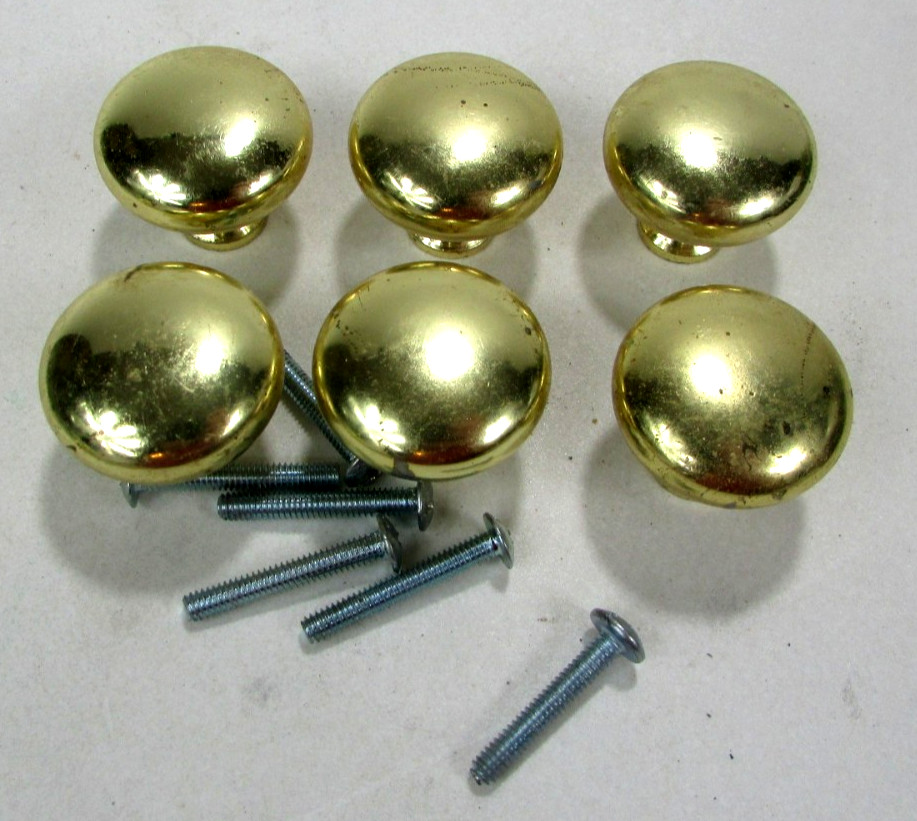Vtg Gold-Tone Mushroom Style 1″ Round Cabinet Drawer Pulls Knobs Set of 6