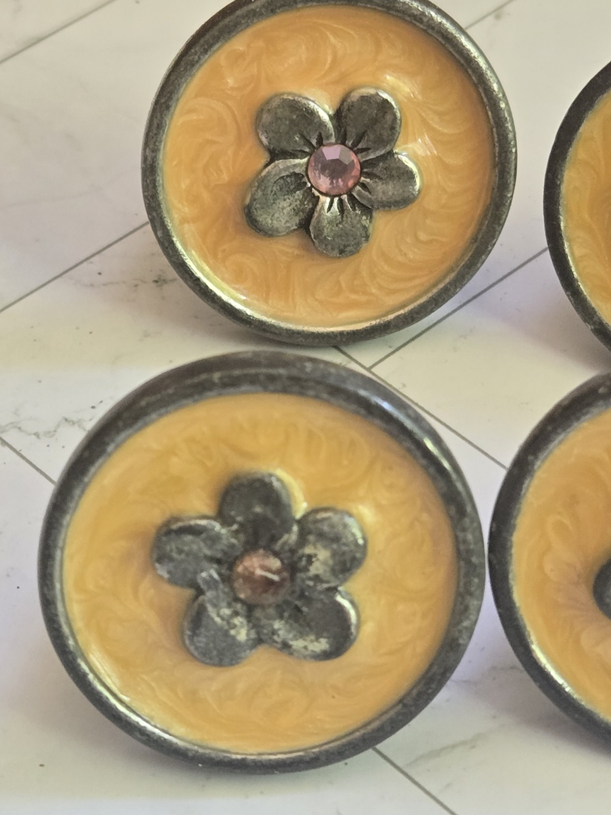 ​Set of 4 Vintage Floral Decorative Cabinet Knobs – Yellow Enamel & Metal Flower