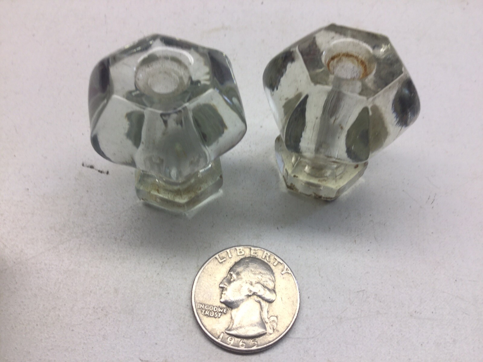 3 Vintage Hexagon Glass Knob Drawer Pulls One Etched