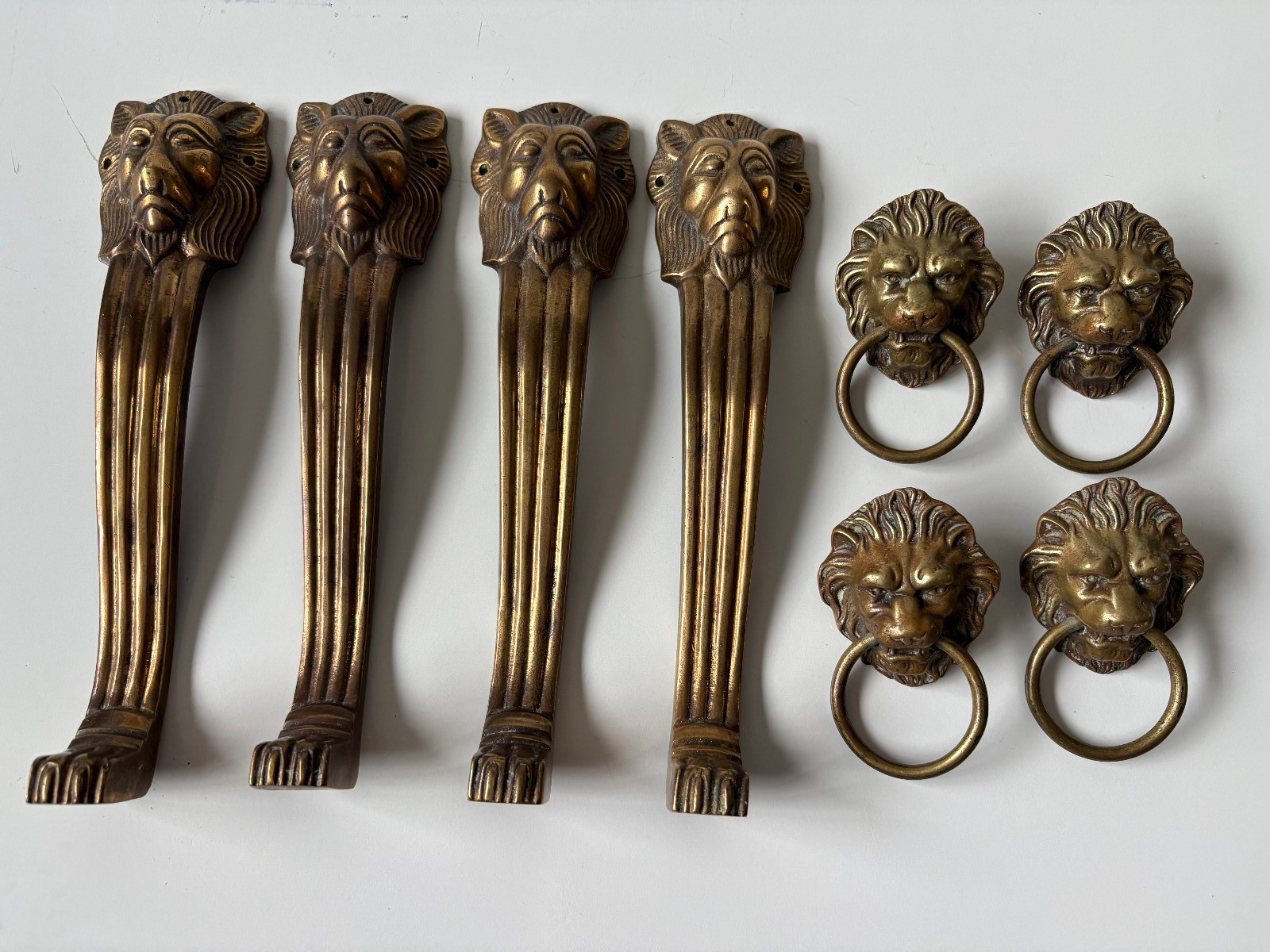 Antique 4 Brass Lion Head Handles (?) 9″ Long & 4 Lion Head Drawer Pulls