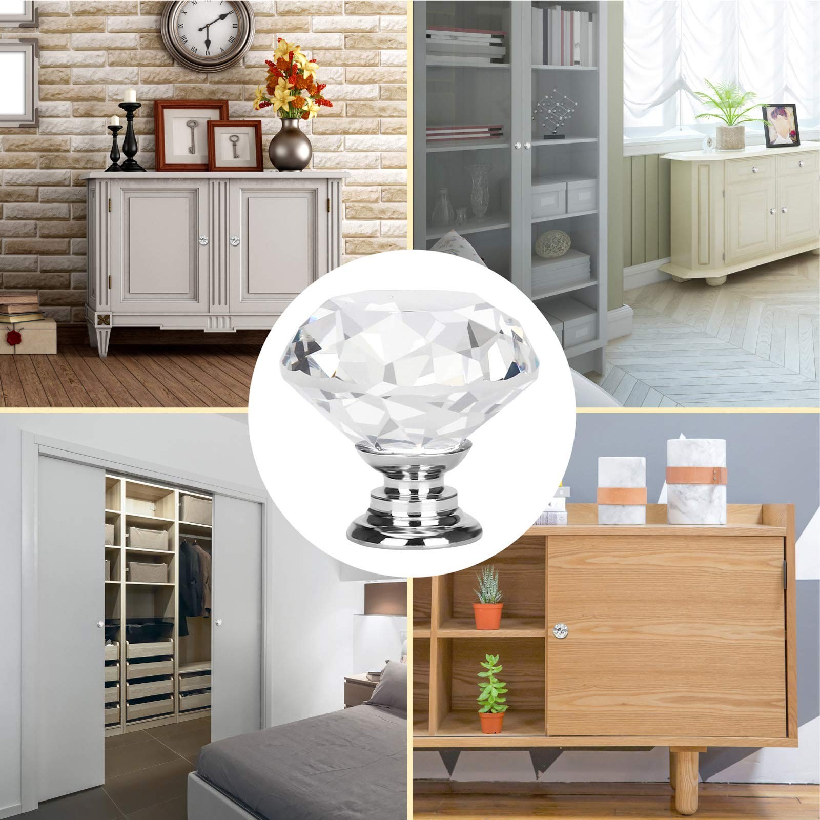 10 Pcs 30MM Kitchen Cabinet Knobs and Drawer Pulls – Silver Glass Crystal Kno…