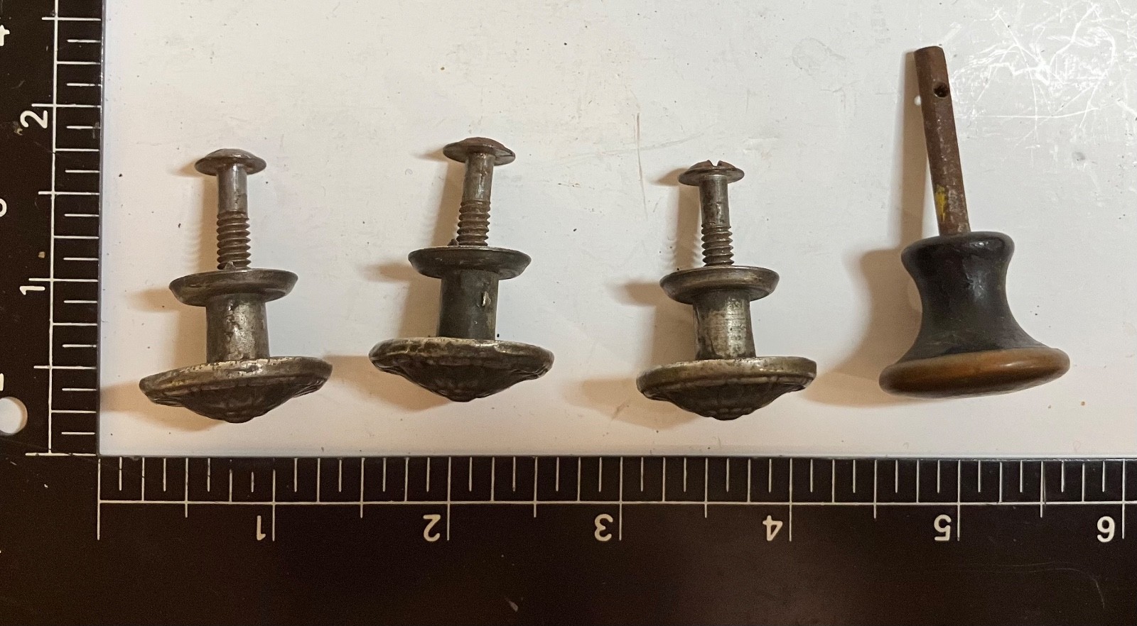 3 Vintage Pewter Round Floral Metal Cabinet Door Knob Drawer Pulls and one plain