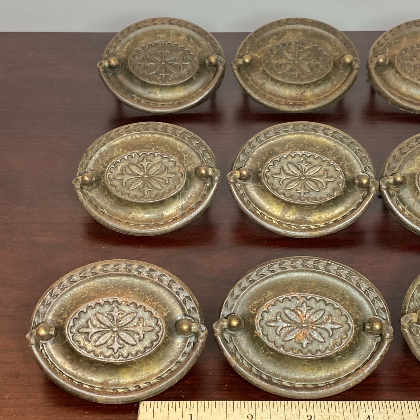 2.5” Hepplewhite Drop Bail Oval Antique Brass Plated 12 Vtg drawer Pulls handles