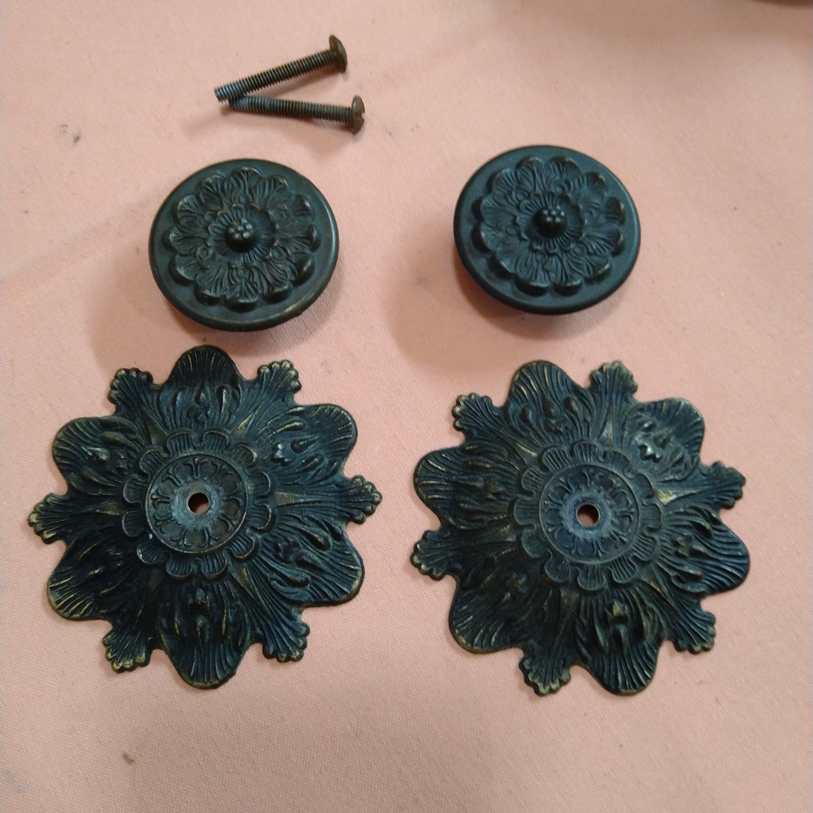 M.C. Co Victorian Cottage Embossed Round Knobs Draw Pulls & Backplates Lot Of 2