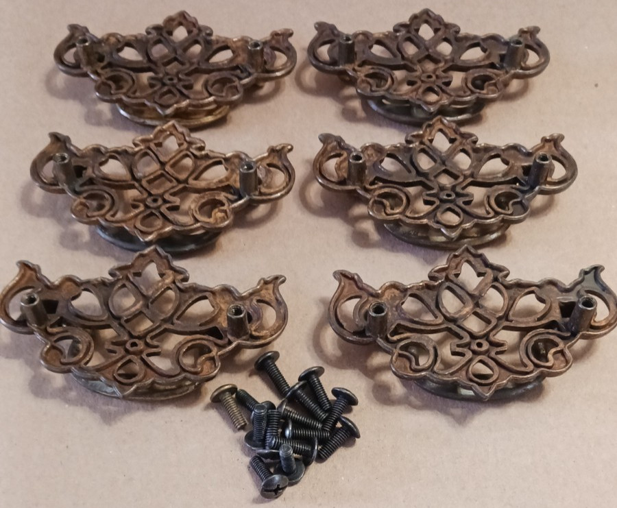 6 KBC Solid Cast Metal Drawer Pulls Furniture Salvage Pierced Chippendale
