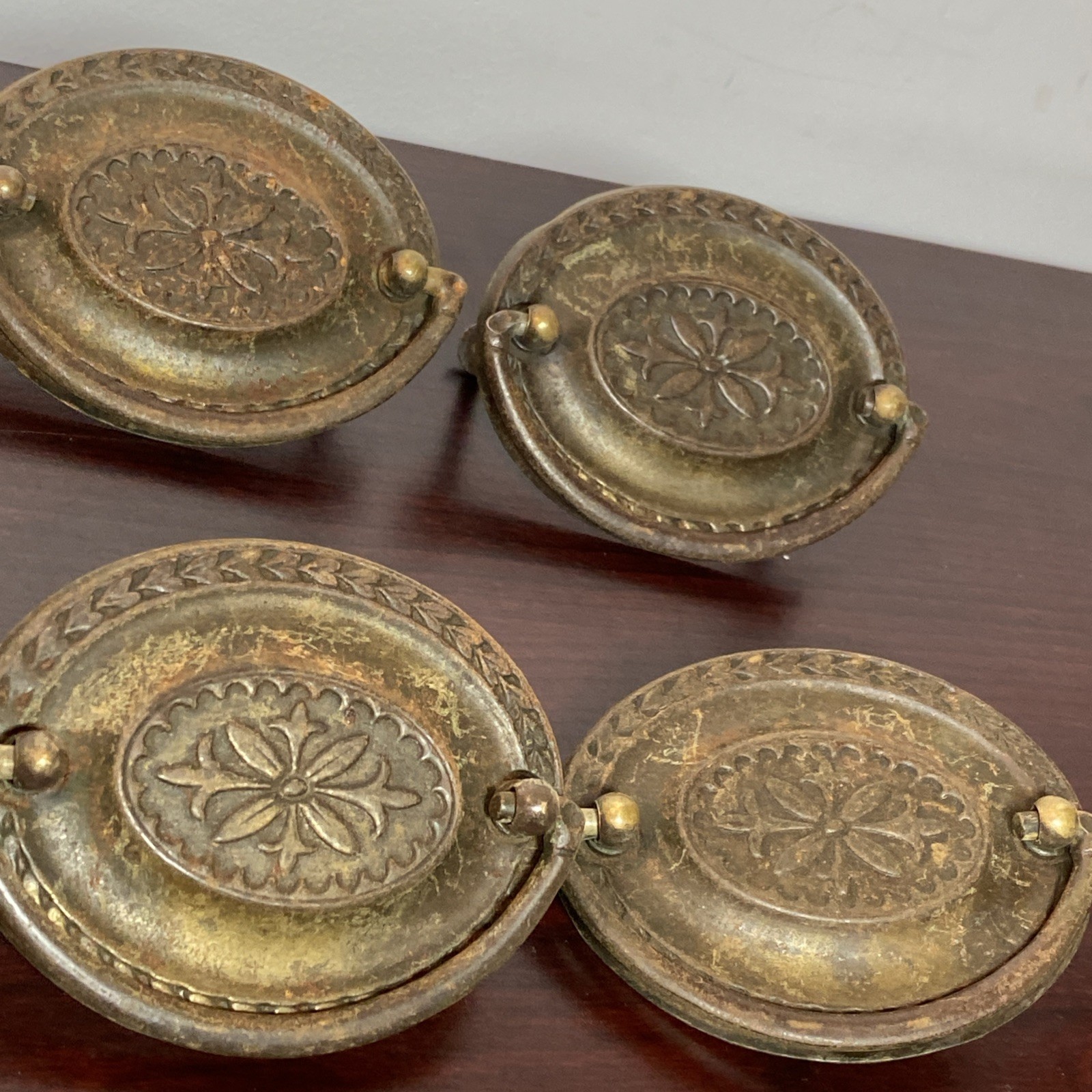 2.5” Hepplewhite Drop Bail Oval Antique Brass Plated 12 Vtg drawer Pulls handles