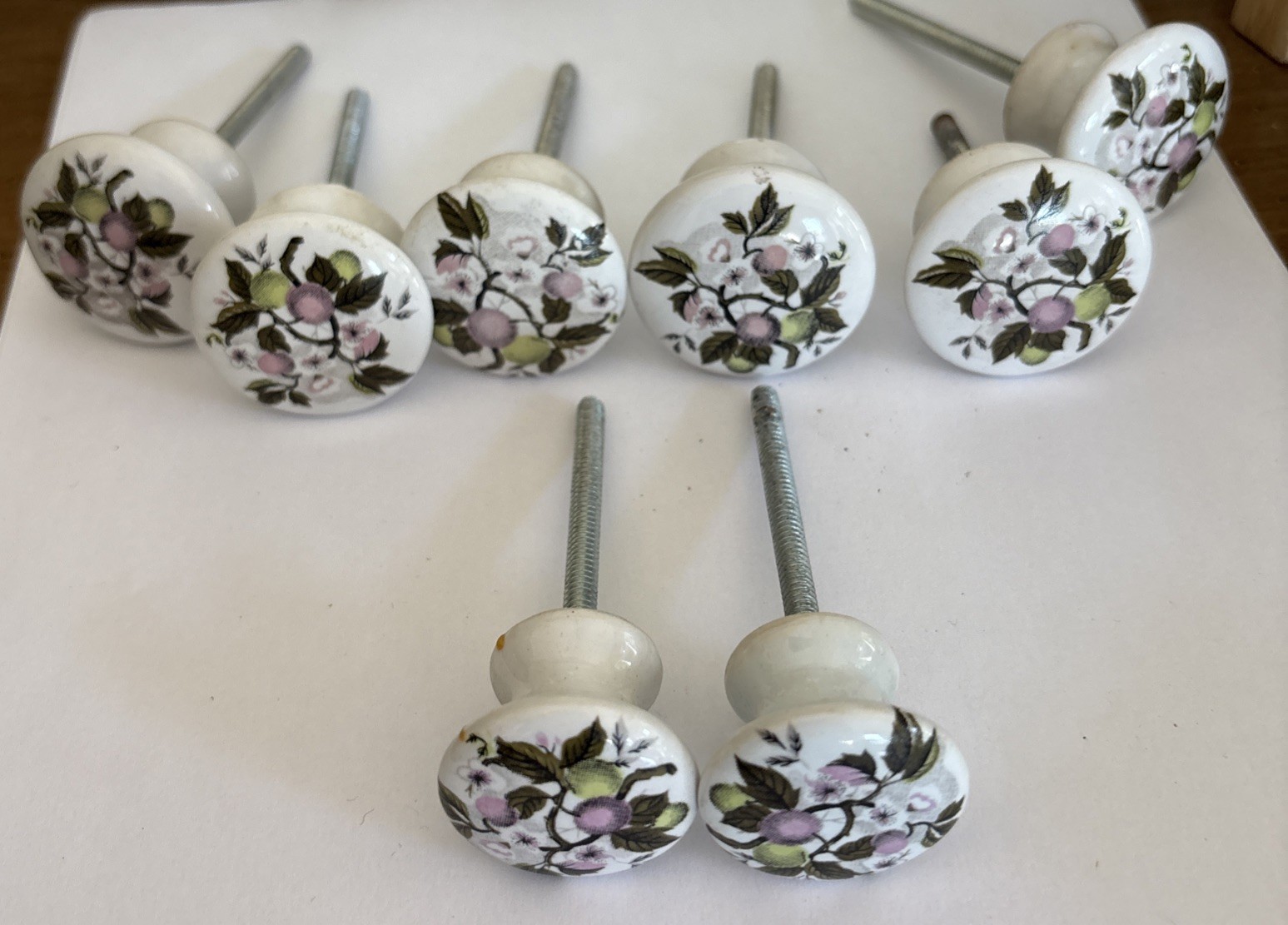 Vtg Porcelain Pulls/Knobs, White Painted Cherry Blossom Floral Design~Lot of 8