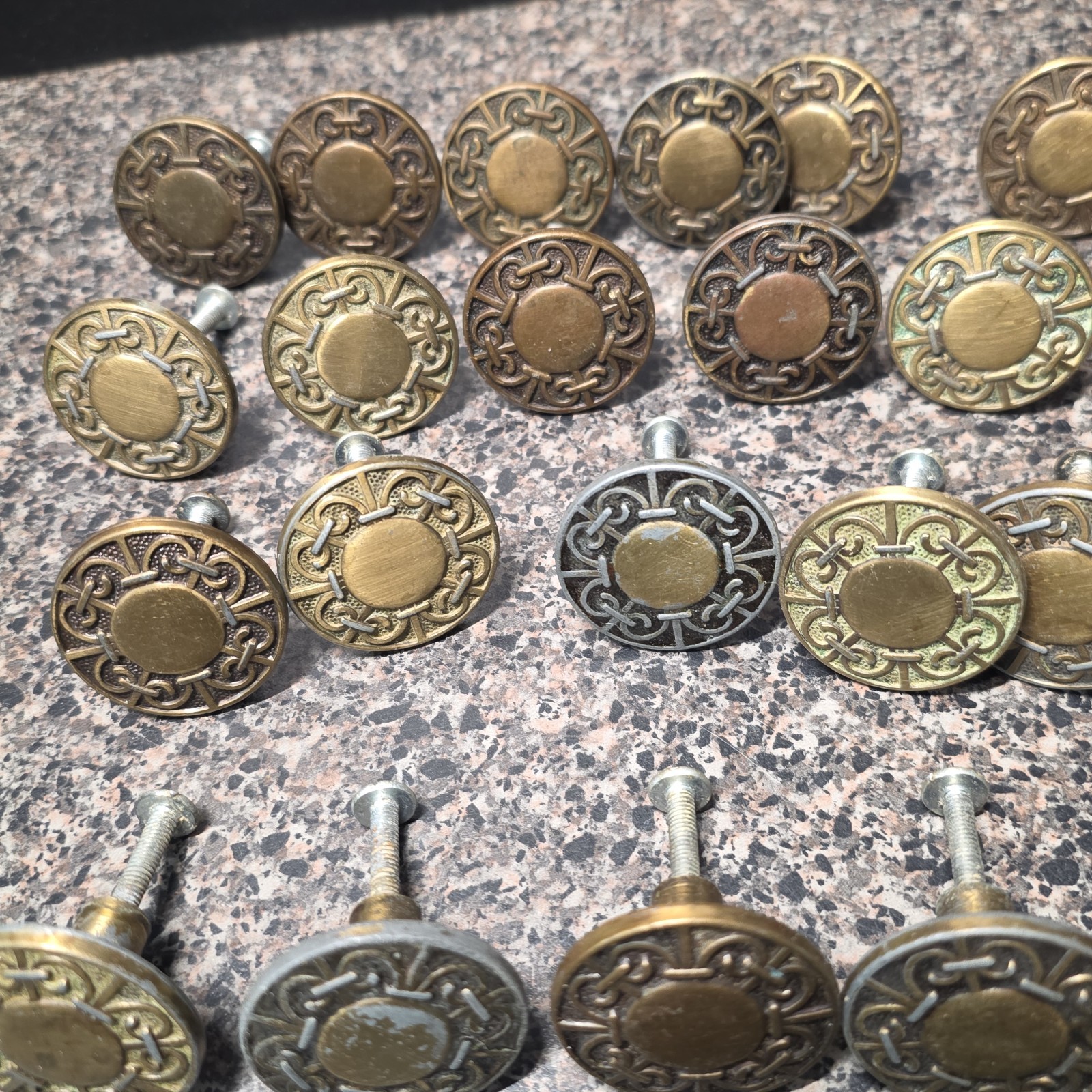 Vintage 1960s Amerock Carriage House Cabinet Knobs Lot Of 29 Mixed Finish 1-3/8″