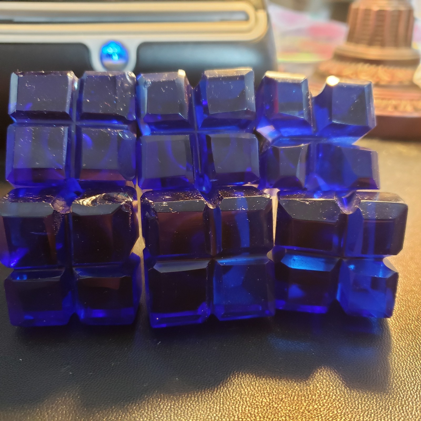 Vintage Cobalt Blue Cut Glass Square Drawer Knobs Pulls Brass Lot of 6