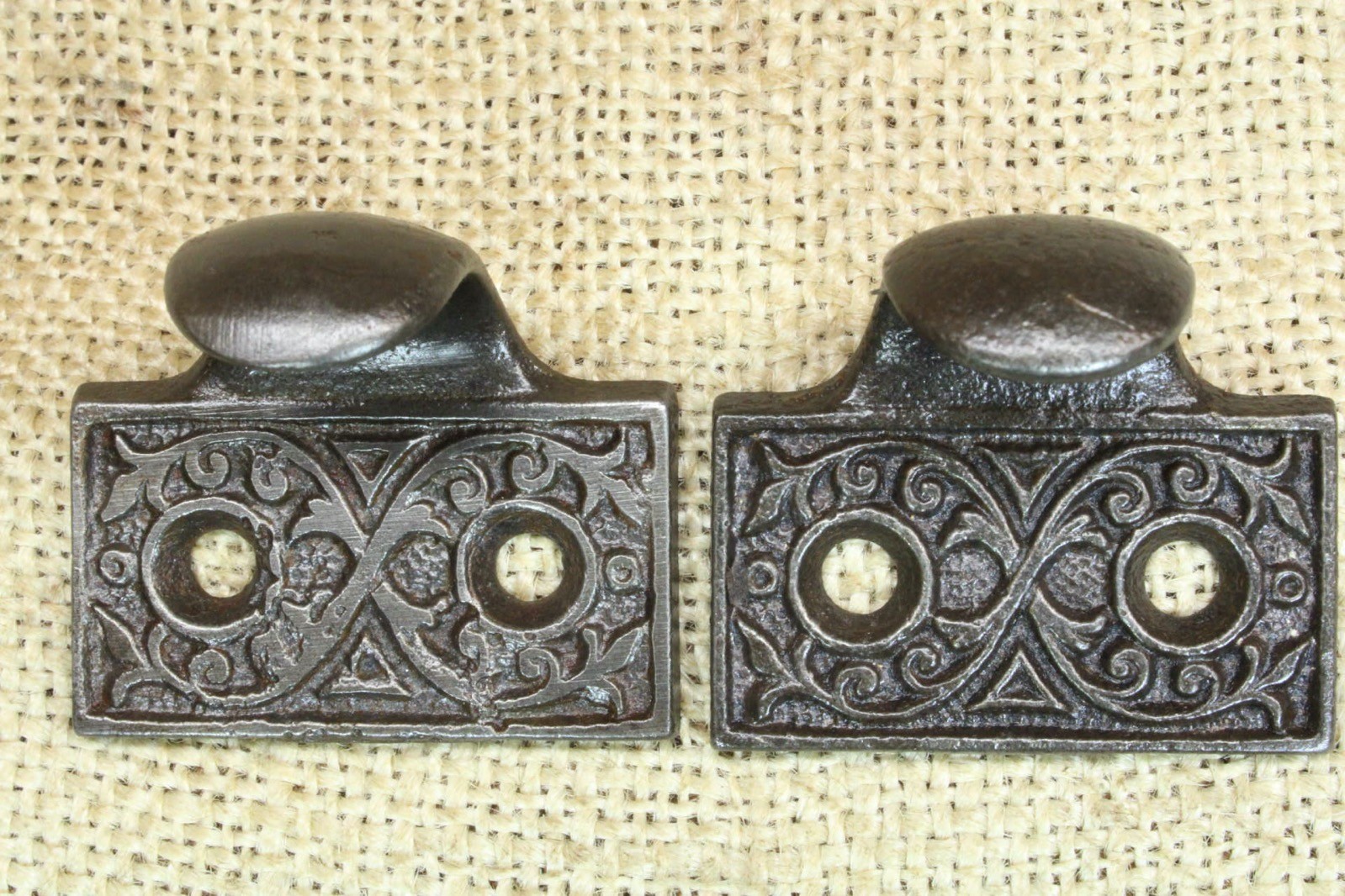2 Old Window Sash Lifts Pulls Restored Cast Iron Victorian Ferns Triangle Scroll