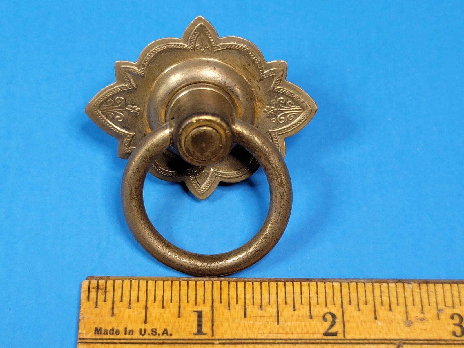 Drawer Pull Drop Ring Ornate Nickel Brass Floral Pattern Vintage
