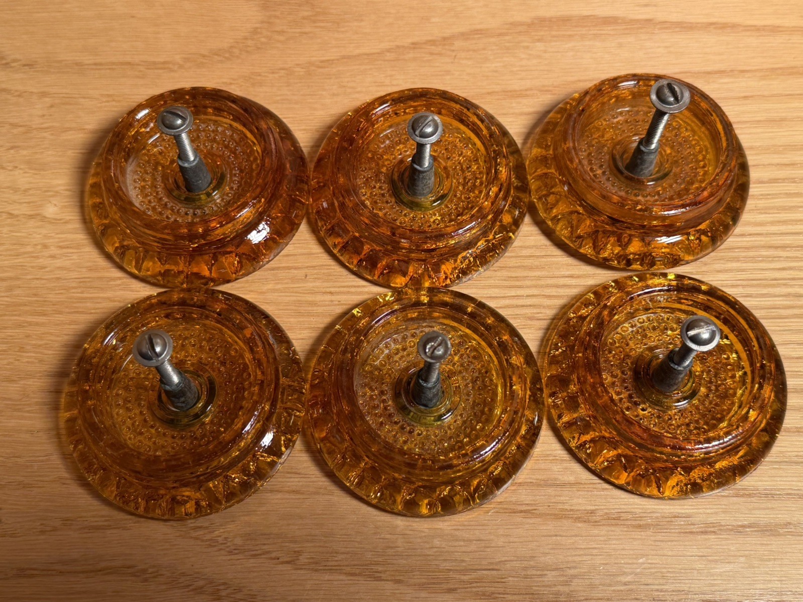 Art Deco Amber Glass Waffle Textured Large Drawer Pulls Set of 6