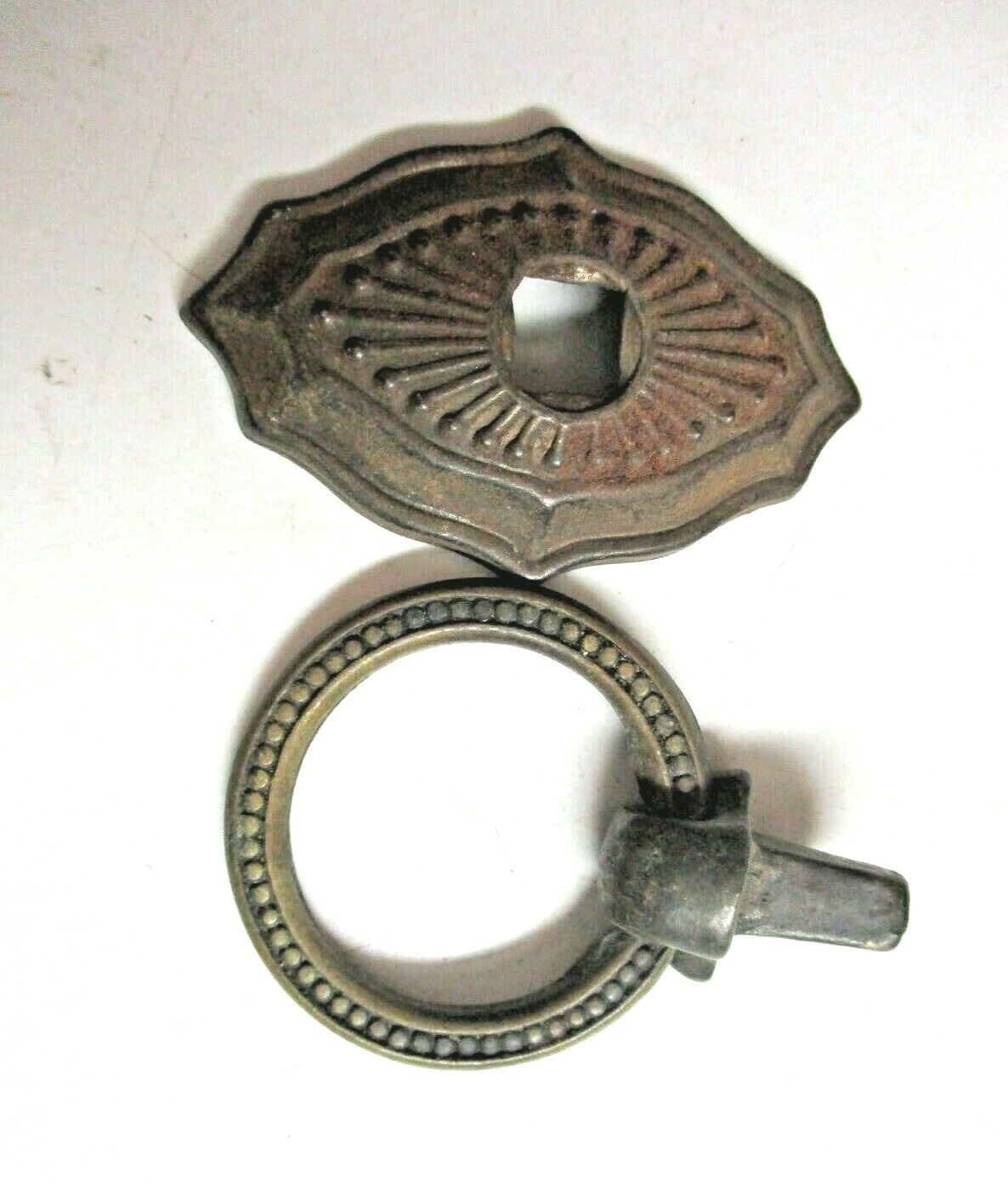 Small 1900s Aged Dark Brass Plated Drop Ring Pull Handle & Backplate 1 Antique
