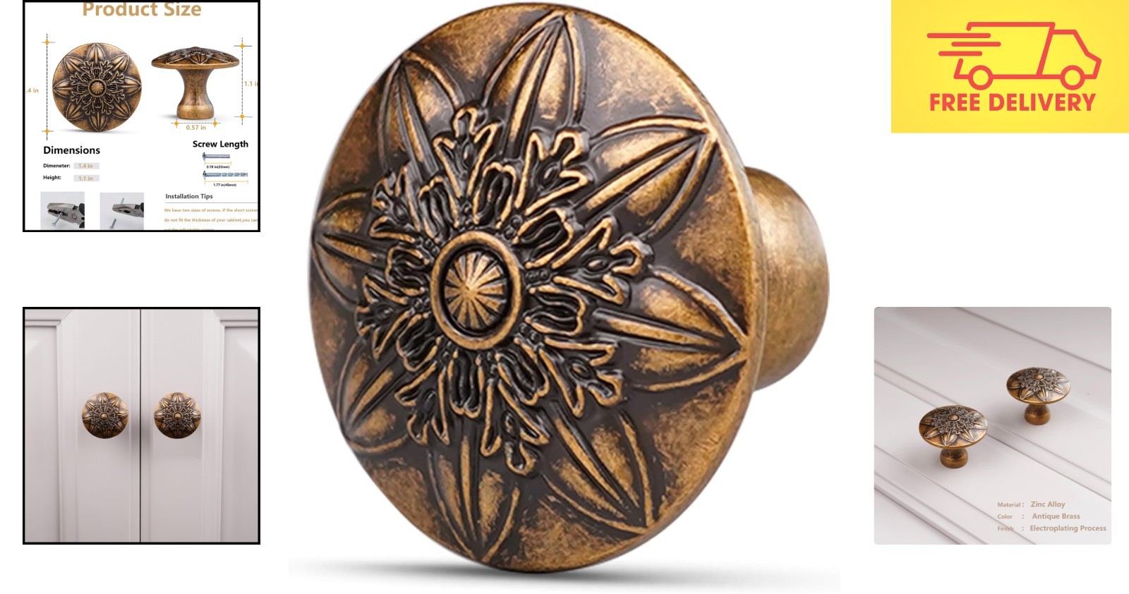 Vintage Antique Brass Knob Set, Floral Design – 10 Pack for Cabinets & Drawers
