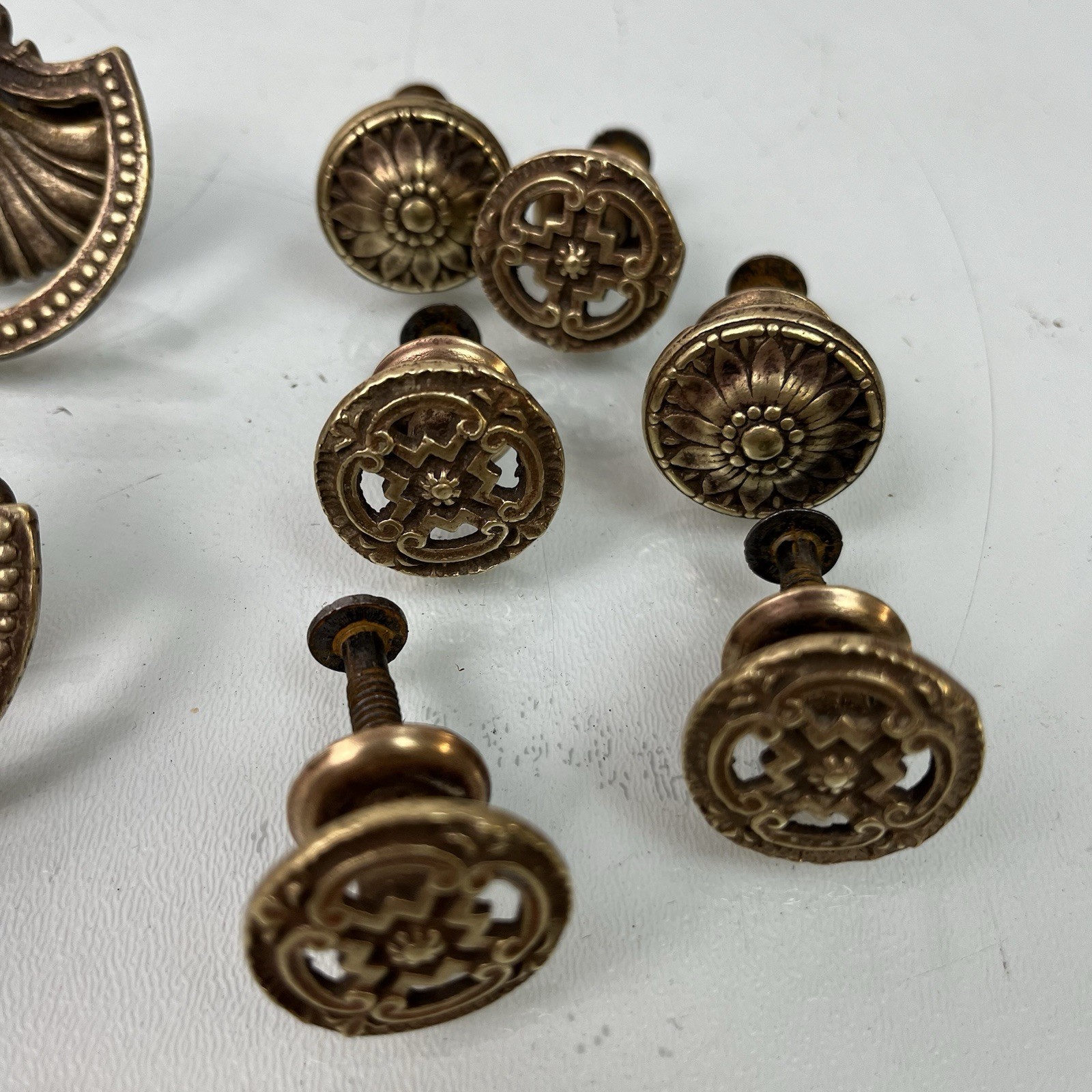 Vintage Victorian Art Nouveau Aged Brass Drawer Drop Pull Shell w/ Knobs LOT