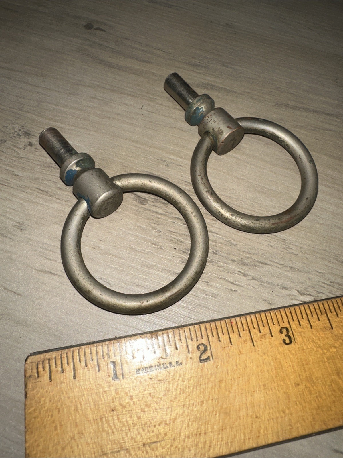 2 Round Drawer Pulls Nickel Brass Drop Handles Nice Patina!