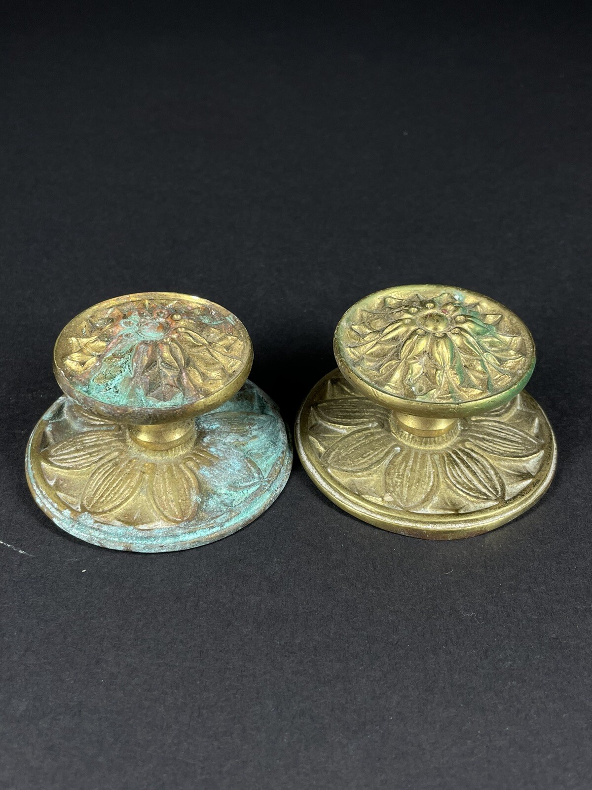 Pair of Antique Brass Round Ornate Foliate Drawer Door Cabinet Pulls Knobs
