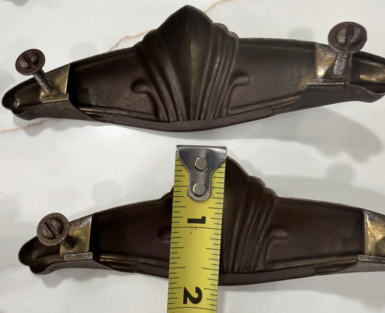 Set of 6 Vintage Art Deco Drawer Pull Handles Copper/Bronze Tone Stamped Steel