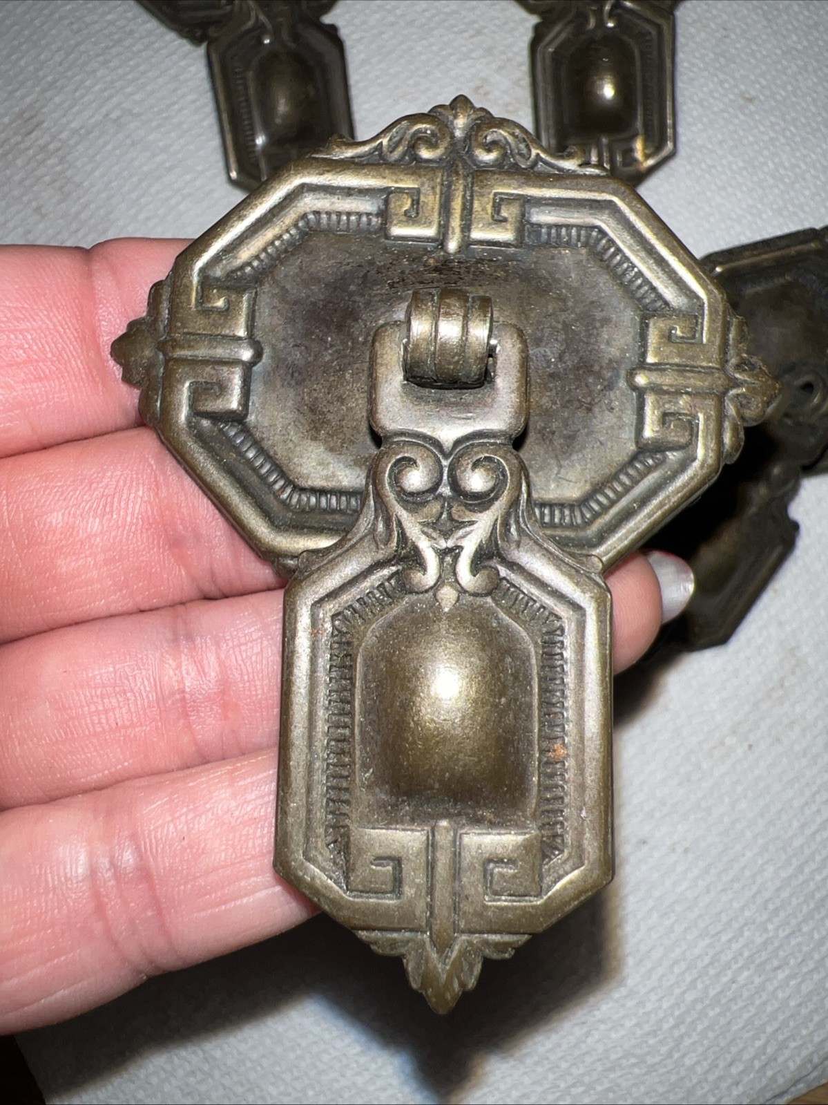 4 VTG Brass Drawer Pulls Set Greek Key Art Deco Revival Cabinet Hardware